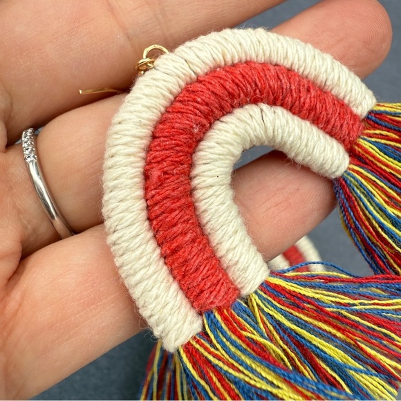 Colorful Macrame Rainbow Tassel Earrings Red Yellow Blue - Picture 12 of 12